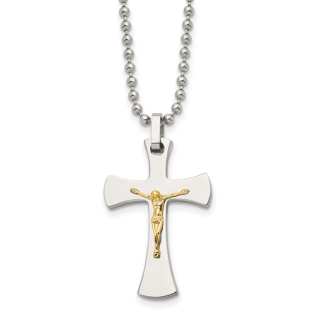 Chisel Stainless Steel 14k Gold Accent Crucifix Charm w 22" Ball Chain Necklace